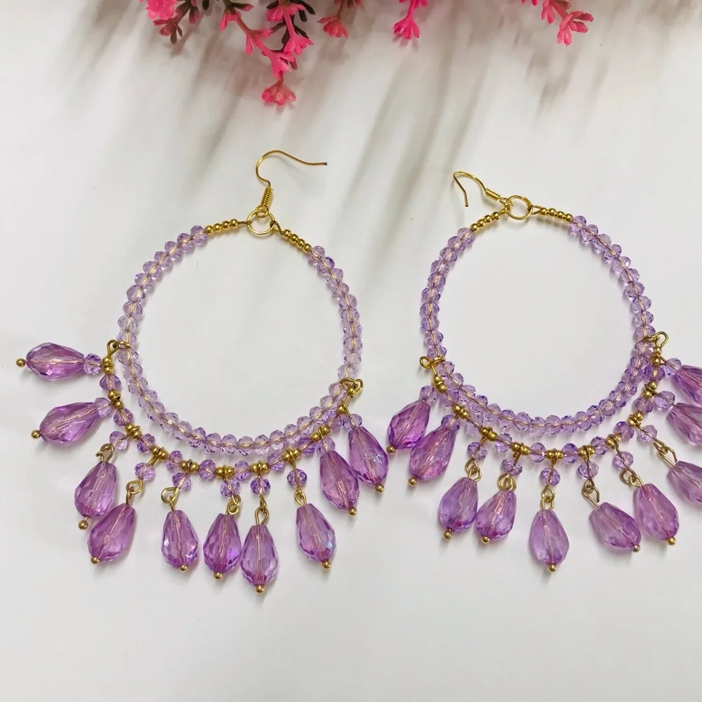 Oro Laminado Round Shape Handmade Purple Dangle Earrings Long 4